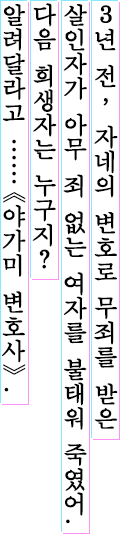 3년 전, 자네의 변호로 무죄를 받은 살인자가 아무 죄 없는 여자를 불태워 죽였어. 다음 희생자는 누구지? 알려달라고 ……《야가미 변호사》.