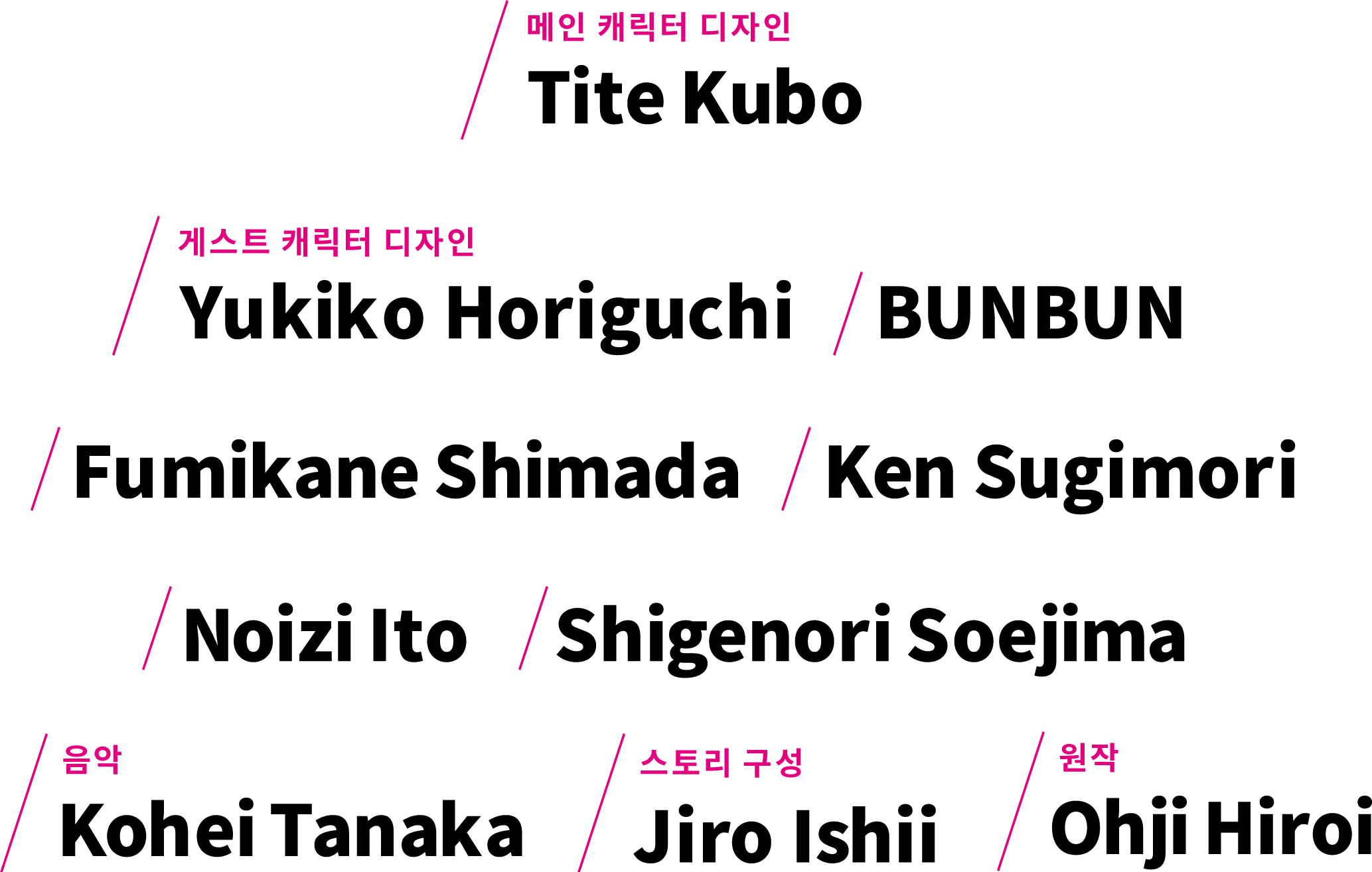 메인 캐릭터 디자인 Tite Kubo 게스트 캐릭터 디자인 Yukiko Horiguchi BUNBUN Fumikane Shimada Ken Sugimori Noizi Ito Shigenori Soejima 외 음악 Kohei Tanaka 스토리 구성 Jiro Ishii 원작 Ohji Hiroi